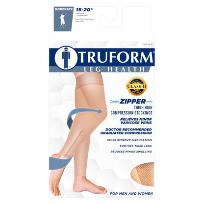 Truform Zipper Compression Stockings, 15-20 mmHg, Medical Thigh Length Leg Sleeve for Women and Men, Footless, Large
