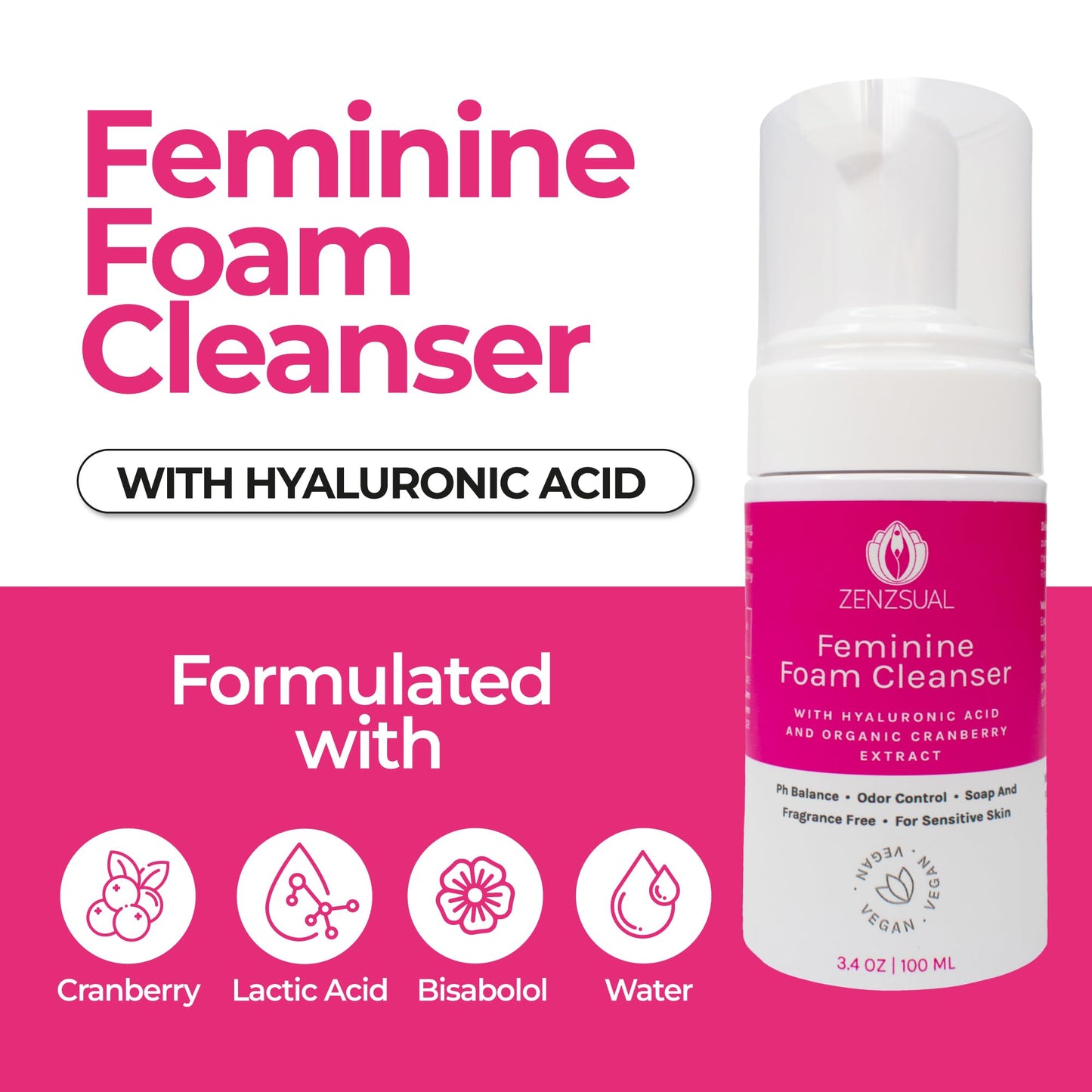ZENZSUAL Feminine Foam Cleanser with Hyaluronic Acid & Organic Cranberry Extract – pH Balanced Feminine Wash for Sensitive Skin, Fragrance-Free Vaginal Cleanser, Hypoallergenic Intimate Care, 3.4 oz