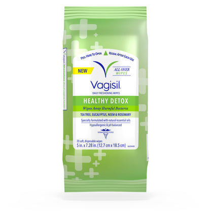Vagisil Feminine Wash and Wipes Bundle - Healthy Detox Daily Intimate Wash, 12 Fl Oz and 20 All-Over Cleaning Wipes