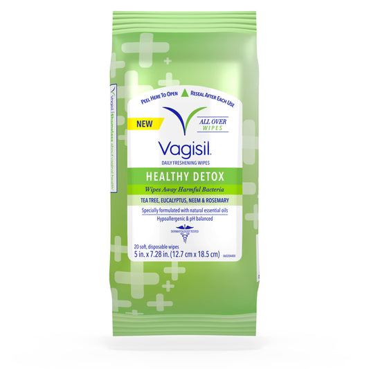 Vagisil Feminine Wash and Wipes Bundle - Healthy Detox Daily Intimate Wash, 12 Fl Oz and 20 All-Over Cleaning Wipes