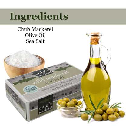 Cole's Pack of 5 Wild Mackerel in Olive Oil - Canned & Jarred Seafood, Skinless, Boneless, Small Atlantic Mackerel Fish, Preservative & Gluten Free