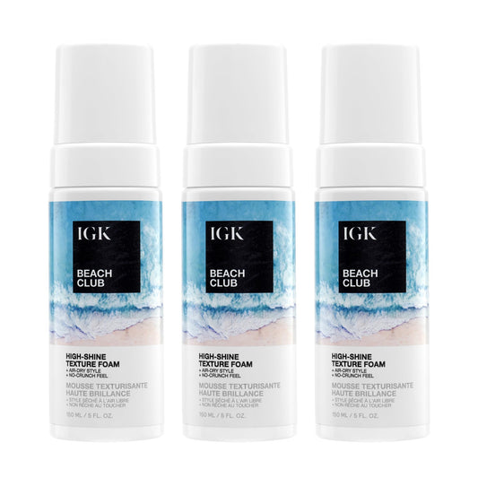 IGK Beach Club High-Shine Texture Foam 3 pack – Salt-Free Air-Dry Foam for Beach Waves, Frizz Control, and UV Protection – Vegan & Cruelty-Free