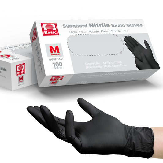 Basic Medical Black Nitrile Exam Gloves - Latex-Free & Powder-Free, 5 mil Gloves, NGPF-1045(pack of 100), Medium