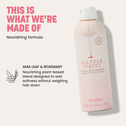 Drybar Seltzer Spritz Flexible Hold Hairspray | Holds Style for 8 Hours* with Touchable Finish, Adds Softness, Ultrafine Mist Diffuser for Even, Quick Drying Application, Vegan & Cruelty Free