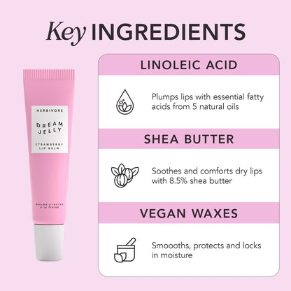 HERBIVORE Dream Jelly Multi-Oil Lip Balm for Hydration + Plumping with Linoleic Acid, Shea Butter, and Vegan Waxes - Plant-based, Vegan, Cruelty-Free