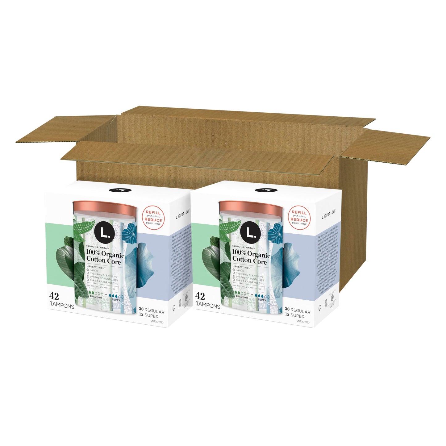 L. Cotton Tampons Regular/Super Absorbency Multipack, Contains an Organic Cotton Core, Made Without Synthetic Pesticides, or Fragrances, 84 Count (2 Packs of 42)