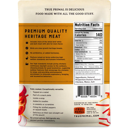 True Primal Pastured Chicken Mini Meatballs 8-pack. Ready to eat. 1/4 lb fully cooked chicken per pouch. Gluten free. Grain free. Paleo. Keto. Carnivore. Whole30. AIP.