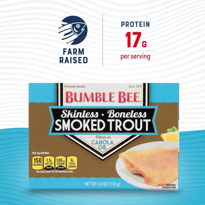Bumble Bee Skinless & Boneless Smoked Trout Fillets, 3.8 oz Can - 17g Protein per Serving - Gluten Free - Great Snack or Use in Seafood Recipes