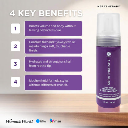 KERATHERAPY Keratin Infused Volumizing Nourishing Styling Foam, 6 fl. oz., 178 ml - Hair Styling Foam with Sunflower Oil, Linseed Oil, & Olive Fruit for Shine & Frizz Control - Volumizing Mousse