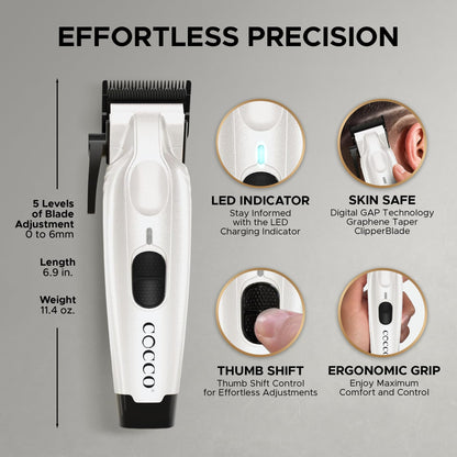 Cocco Veloce Pro Clipper, Digital Gap Ambassador Graphene Taper Blade Professional Hair Clippers, High-Torque BLDC Motor, All-Metal, Cordless, Charging Base Included