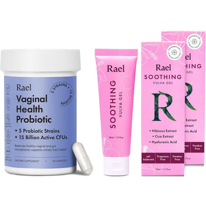 Rael Bundle - Probiotics Supplements for Women, Digestive Enzymes, Urinary Tract Health (30 Day Supply) & Soothing Vulva Gel - pH Balance Feminine Wash (1.7 Fl Oz, Pack of 2)