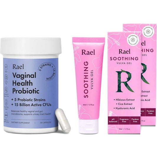 Rael Bundle - Probiotics Supplements for Women, Digestive Enzymes, Urinary Tract Health (30 Day Supply) & Soothing Vulva Gel - pH Balance Feminine Wash (1.7 Fl Oz, Pack of 2)