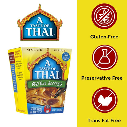 A Taste of Thai Pad Thai Noodles |Heat & Eat Instant Noodle | Flavored with Authentic Thai Sauce - Non-GMO, Gluten Free, Trans Fat Free- Perfect Side for Chicken, Fish & Meat Entrees| 6 Pack (5.75oz)