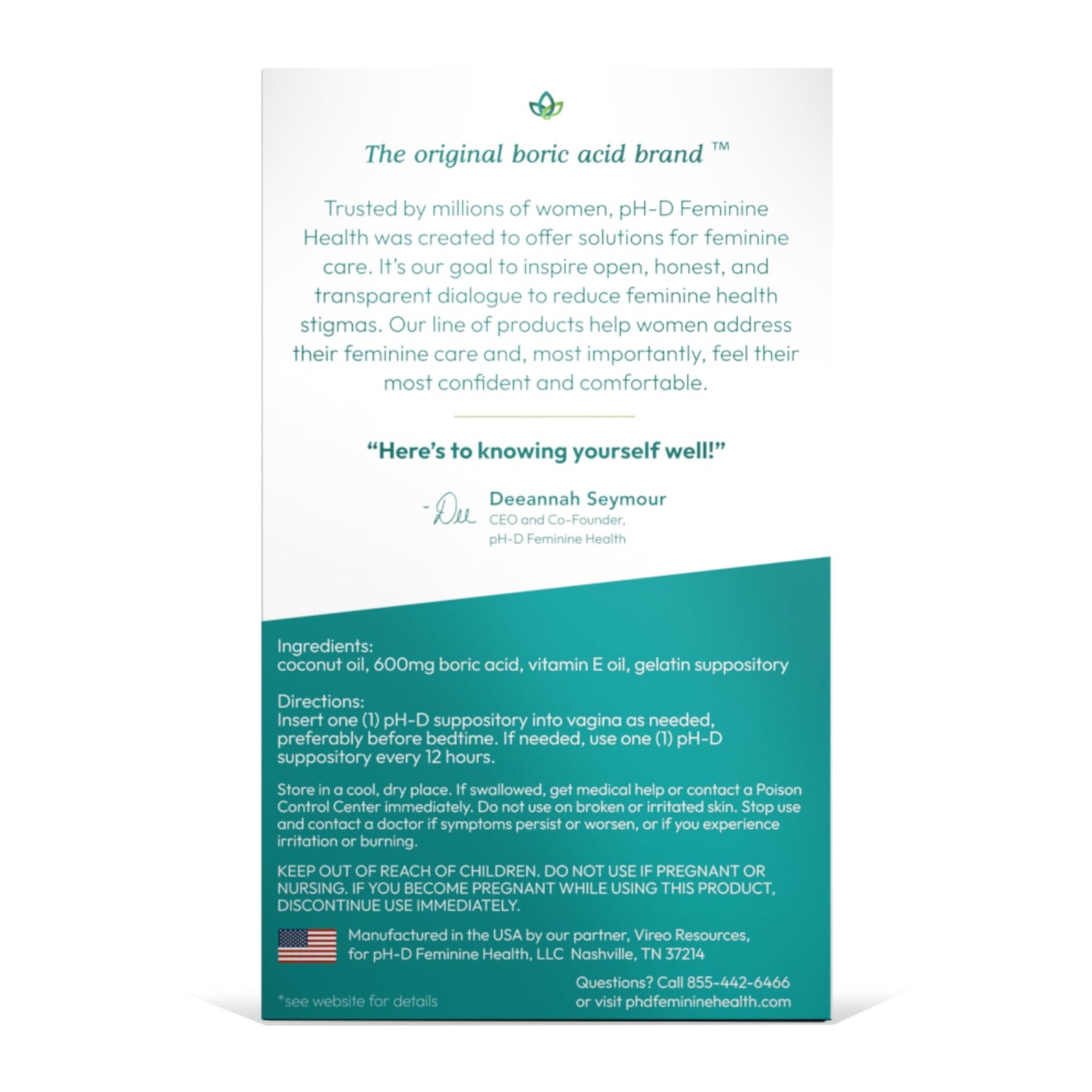 pH-D Feminine Health Support - Boric Acid Moisturizing Suppository - Woman Owned - for Vaginal Odor - Paraben-Free and Cruelty-Free - 14 Count