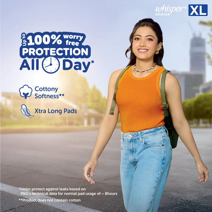 Whisper Choice Sanitary Pads, 36 XL Pads, Upto 100% Stain Protection All Day, Longer Length for Better Coverage, 20% Wider Back, Dry Top Sheet, with Wings