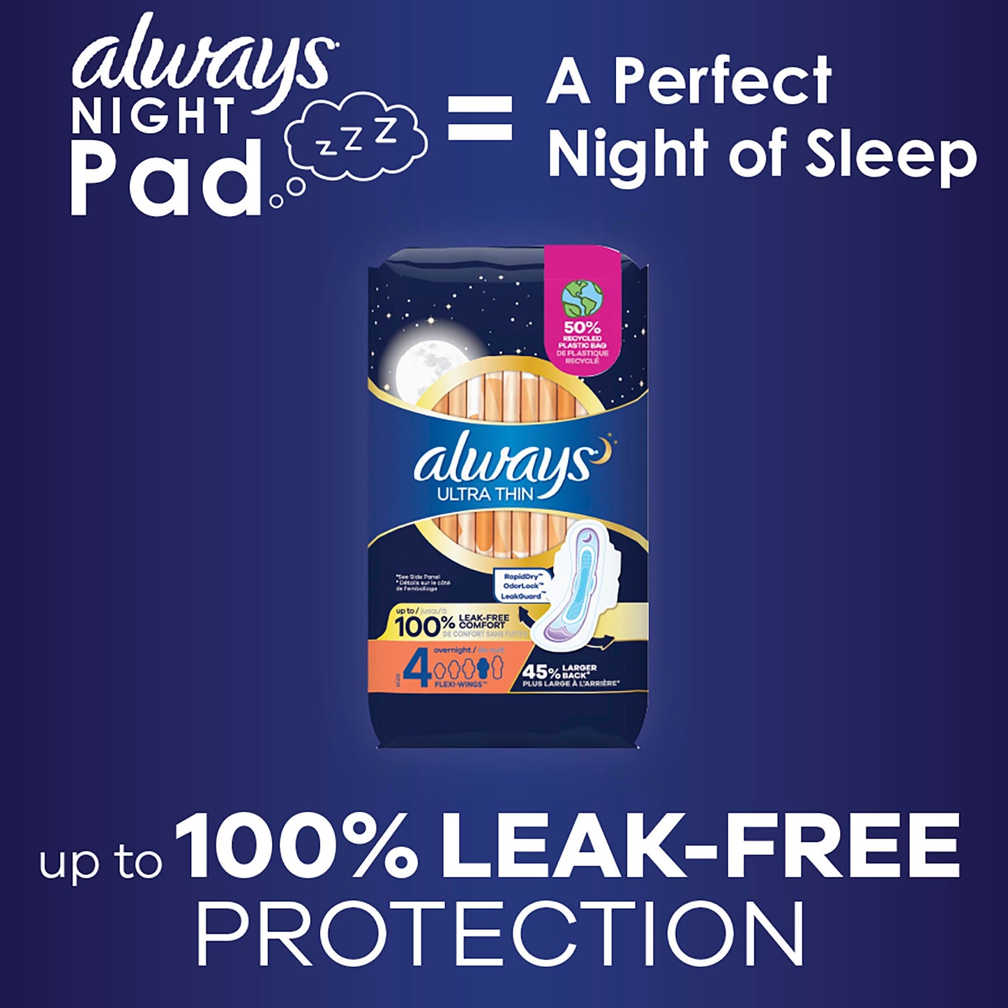 Always Ultra Thin Overnight Pads with Wings, Size 4, Overnight, 96 Count (3 Packs of 32)