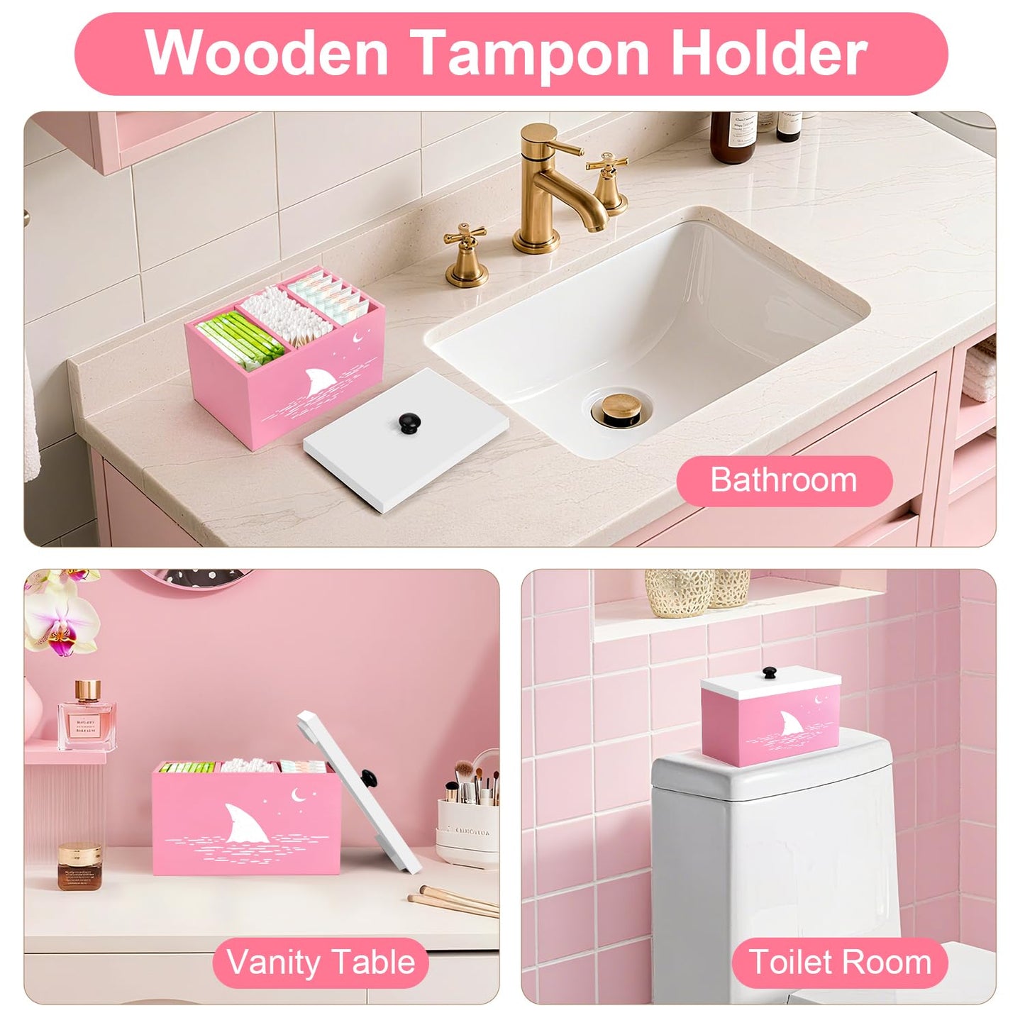 Tampon Holder for Bathroom,Pink Feminine Product Organizer,Girl Stuff Box for Bathroom,Pad and Tampon Organizer for Bathroom,Pad Holder for Bathroom,Shark Week Bathroom Organizer,Bathroom Accessories