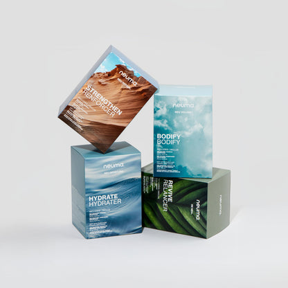 NEUMA Glow Strong. Glow Bright. Hydrate Gift Set. Neu Moisture 8.5 Fl Oz. Shampoo and Conditioner + 2 Fl. Oz. Instant Fix + Aroma Therapy Travel Candle