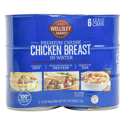 Wellsley Farms Premium Chunk Chicken Breast in Water, Fully Cooked Boneless Skinless, For Prepared Meals, Salads, Sandwiches & More, Canned, 12.5 oz Cans, 6-Pack