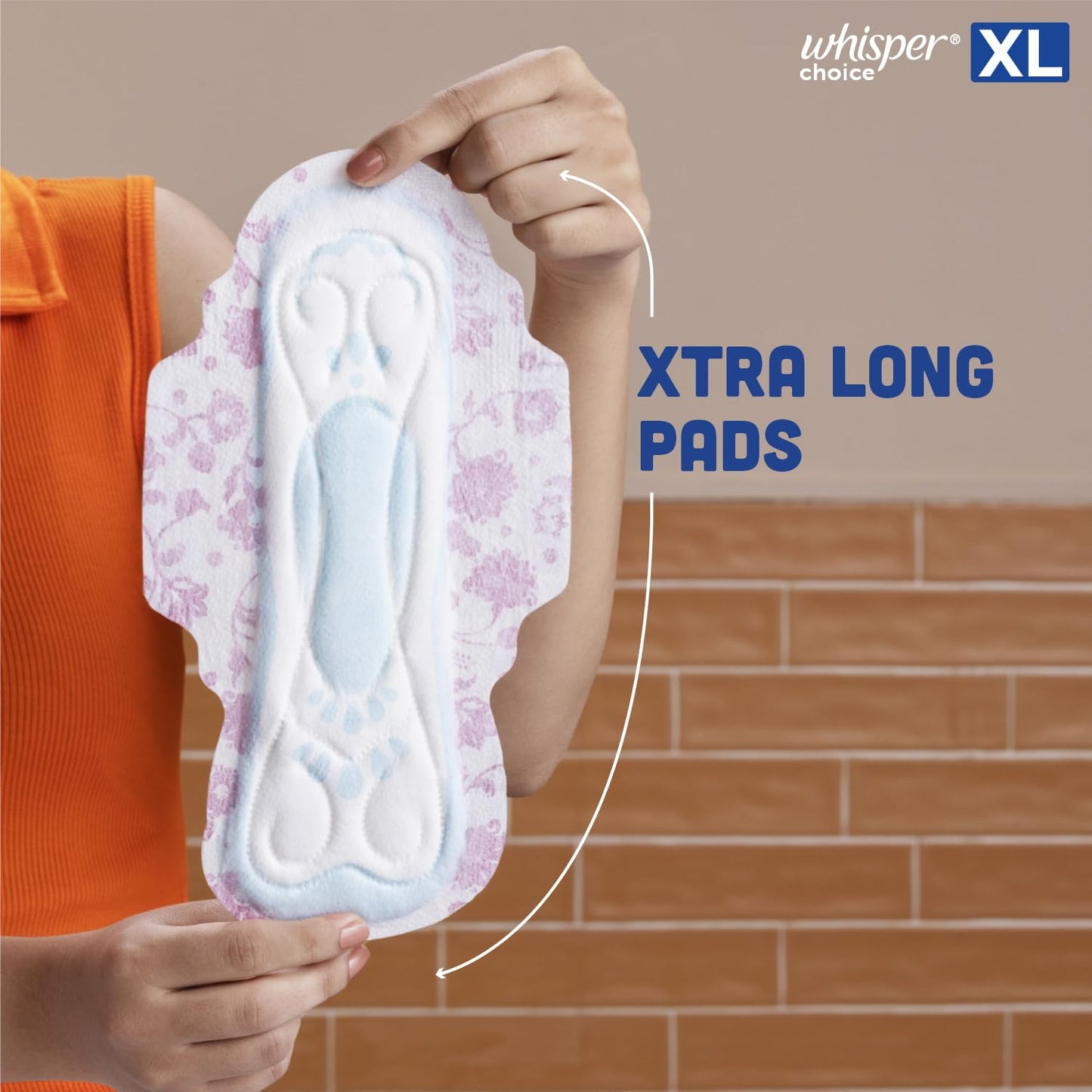 Whisper Choice Sanitary Pads, 36 XL Pads, Upto 100% Stain Protection All Day, Longer Length for Better Coverage, 20% Wider Back, Dry Top Sheet, with Wings
