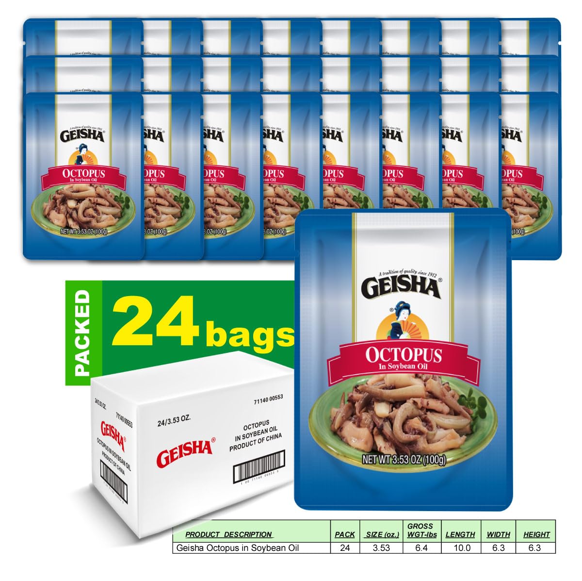 GEISHA Octopus in Soybean Oil 3.53oz (Pack of 24), Octopus | Zero Sat &Trans Fat – Wild caught – No Preservatives & Food Additives - Gluten Free – Good Source of Protein – Less than 100 Kcal per container