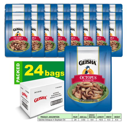 GEISHA Octopus in Soybean Oil 3.53oz (Pack of 24), Octopus | Zero Sat &Trans Fat – Wild caught – No Preservatives & Food Additives - Gluten Free – Good Source of Protein – Less than 100 Kcal per container