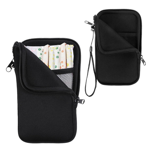 1 Pc Tampon Pouch, Portable Tampon Holder for Purse, Neoprene Tampon Bag with Strap, Travel Friendly Discreet Period Bag for Feminine Products, Waterproof Pad Bag, Black (Bag Only)