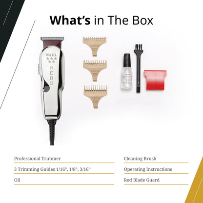 Wahl Professional 5 Star Hero Trimmer, Corded, Adjustable T-Blade, Lightweight Rotary Motor, Includes 3 Guides for Precision Lining
