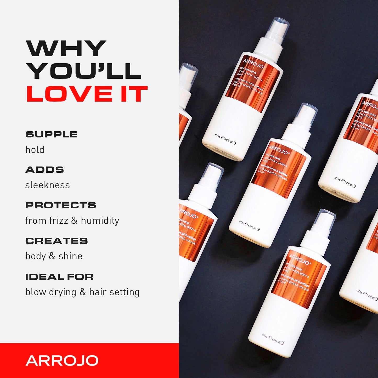 ARROJO Set & Style Hair Spray – Blow Dry Spray To Create Body, Shine, Hold – Hair Shine Spray For Blow-Drying -Hair Setting – Anti Frizz Hair Products To Fight Humidity (6 Oz)