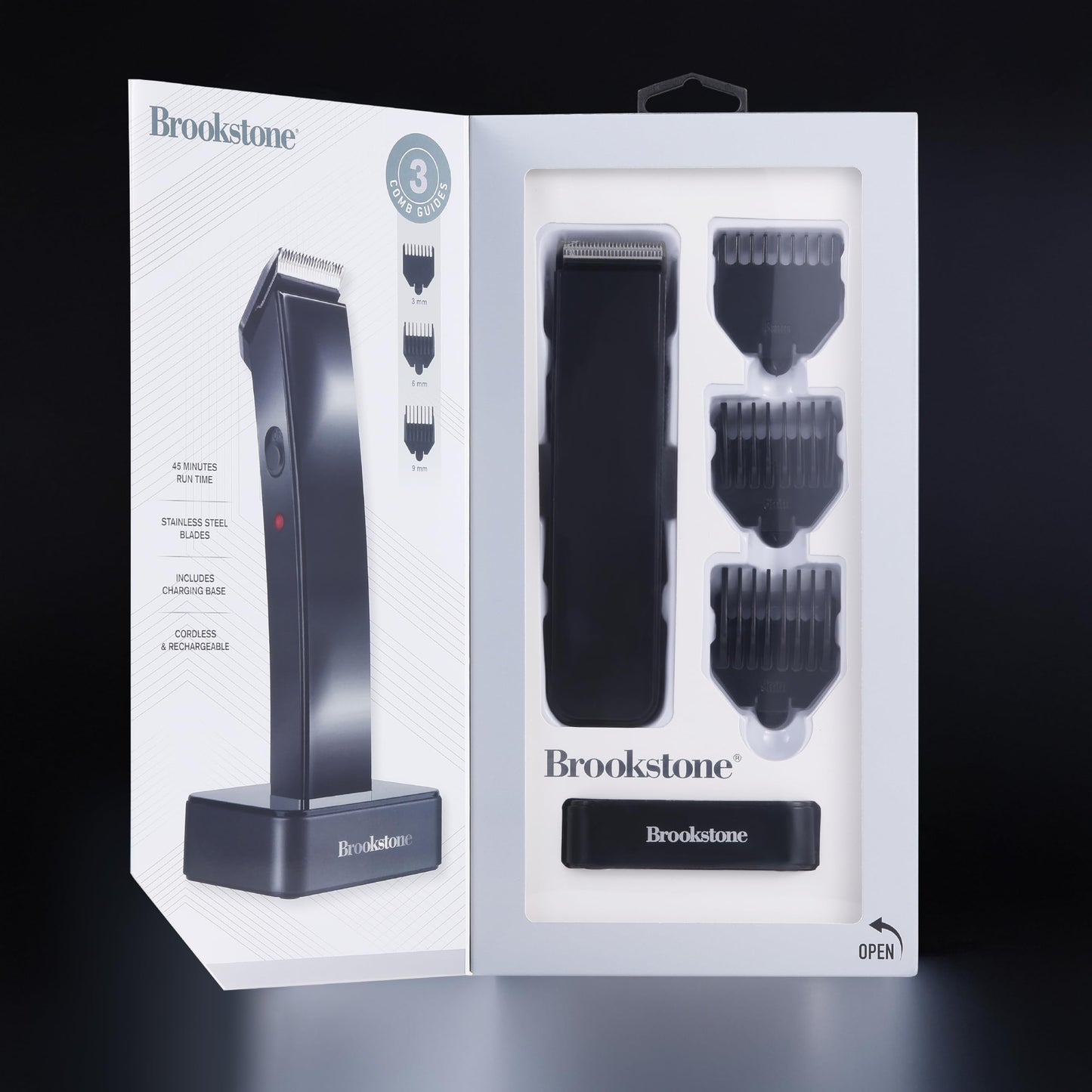Brookstone - Cordless Hair Trimmer with Charging Base, Precision Grooming for Hair, Beard & Body with Adjustable Guide Combs