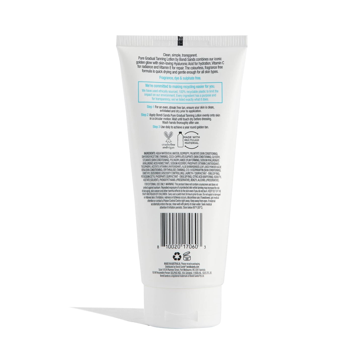 Bondi Sands PURE Gradual Tanning Lotion | Hydrates with Hyaluronic Acid for a Glowing Tan, Fragrance Free, Cruelty Free, Vegan | 6.76 Oz/200 mL