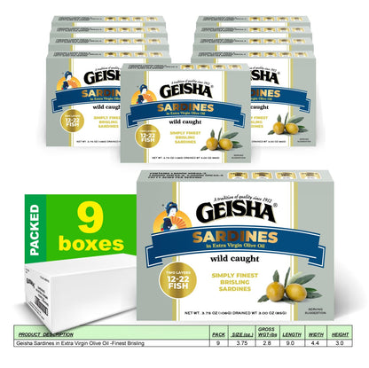 GEISHA Sardines in Extra Virgin Olive Oil 3.75OZ. (Pack of 9), Brisling Sardines | No Trans fat － Gluten Free－NON-GMO － BPA NI－Excellent Source of Protein－Ready to Eat －Omega3 fatty acid 1,800mg－Omega6 fatty acid 1,600mg－Omega9 fatty acid 4,000mg