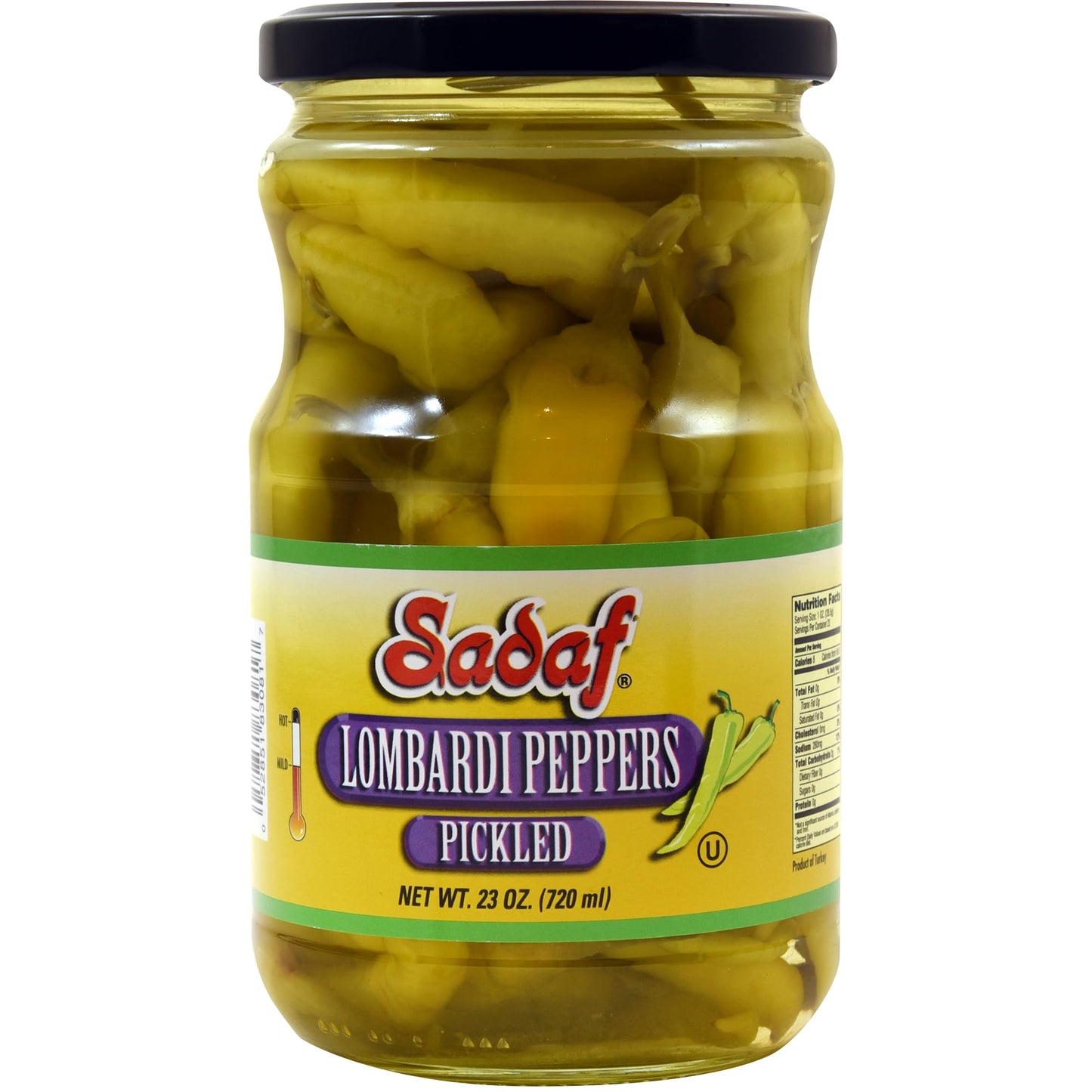 Sadaf Pickled Lombardi Peppers - Mild Lombardi Peppers for Cooking and Food Flavoring - Pickled Bannana Peppers - Kosher - 23 oz Jar
