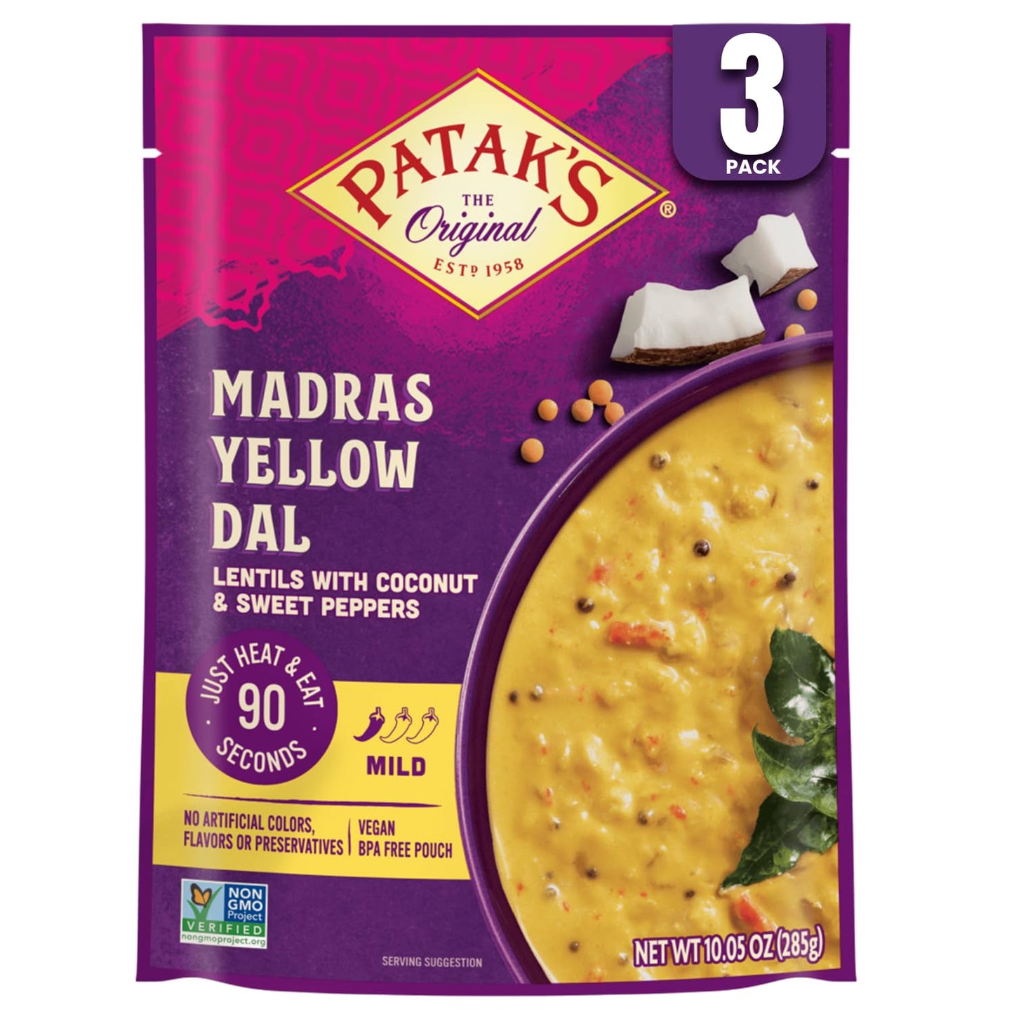 Patak’s Madras Yellow Dal - Savory Yellow Lentils in Creamy Coconut Milk w/Sweet Peppers & Spices - Vegan Microwaveable Meal for Quick Lunches or Dinners - Serve w/Rice or Naan - 10.05oz (Pack of 3)