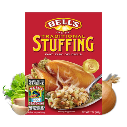 Bell's Traditional Stuffing Mix, 12 oz Box – Classic New England Recipe – Made with Bell's Seasoning – Ideal for Poultry, Pork & Holiday Meals