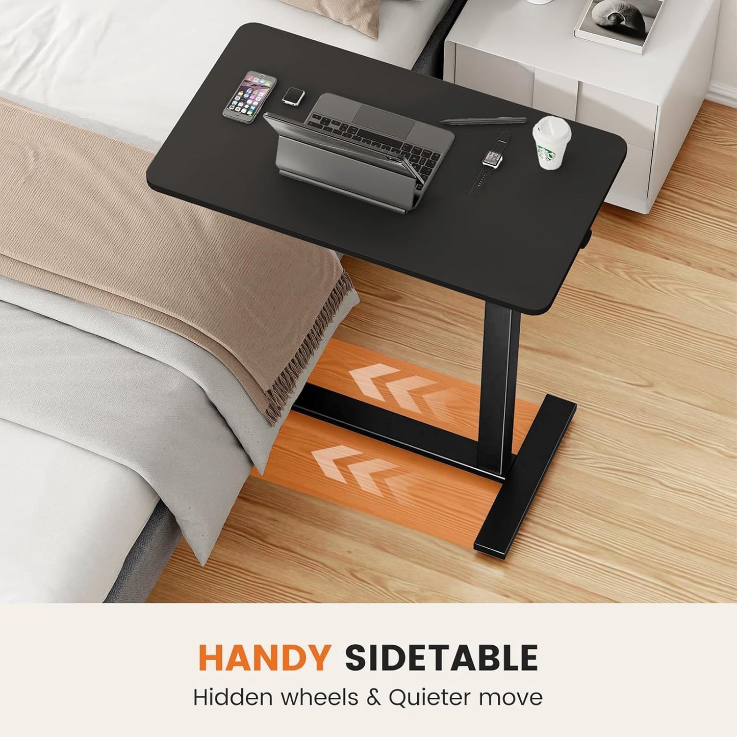 Overbed Bedside Table with Hidden Casters, Adjustable Pneumatic Mobile Laptop Computer Standing Desk, Rolling Laptop Table, Movable Overbed Table Hospital Home Use, Black