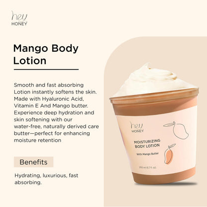 Hey Honey Skin Care Mango & Honey Water-Free Body Lotion - Hyaluronic Acid, Ceramides & Barrier Repair for Hands, Elbows & Dry Sensitive Skin | 24-Hr Hydration, Fruit Enzymes, Cruelty-Free | 6.7 oz