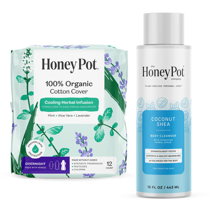 The Honey Pot Company - Overnight Pads & Coconut Shea Body Cleanser Bundle - Herbal Infused w/Essential Oils - Body Wash to Moisturize & Cleanse Skin - Sanitary Pads - Feminine Care