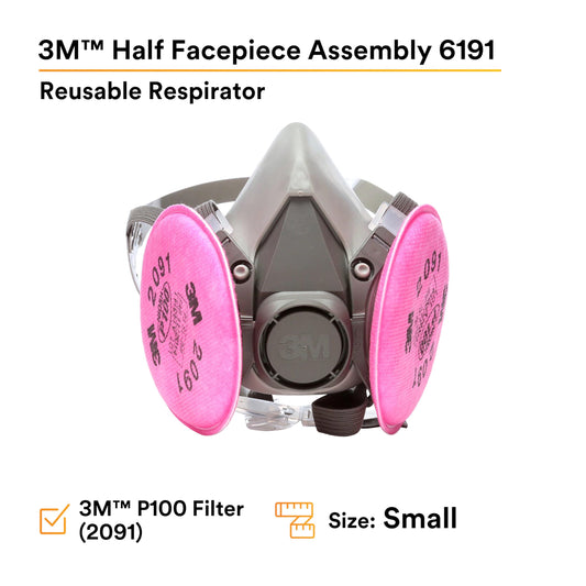3M Half Facepiece Reusable Respirator Assembly Kit 6191, Size Small, P100, Lightweight, Comfortable, Easy to Adjust, Includes 2091 Particulate Filter, Welding, Soldering, Asbestos
