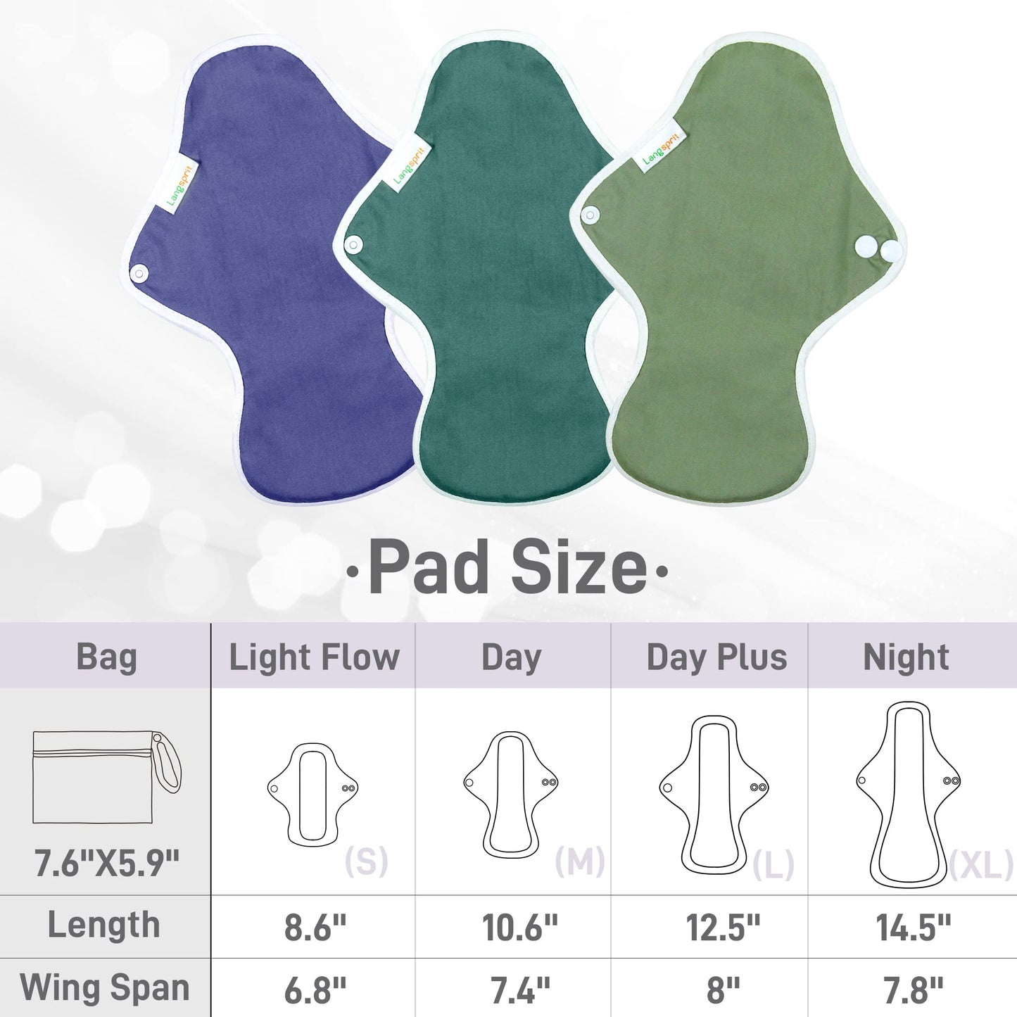 Langsprit Reusable Sanitary Pads for Women - Feminine Menstrual Pads 6pcs Set, Regular Absorbency Cotton Washable Cloth, Mini Wet Bag, Leakfree and Periods (Small)