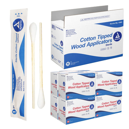 Dynarex 3-Inch Sterile Cotton Tipped Applicators - Single-Use Wooden Cotton Tip Applicators for Wound Care & Dressing, Hygiene, Make Up, Cleaning Tools, Jewelry - 2 per Pouch, 200 Pouches x 10 Boxes