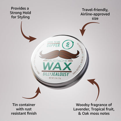 Billy Jealousy Bulletproof Strong Hold Mustache Wax, Conditioning Travel-Friendly Styling Product with Woodsy Lavender, Tropical Fruit, and Oak Moss Scent, 2 Oz