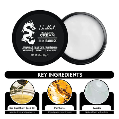 Billy Jealousy Headlock Hair Molding Cream, Hair Styling Cream for Men with Strong All-Day Hold, Natural Matte Finish Styling Agent for All Lengths, 3 Ounce