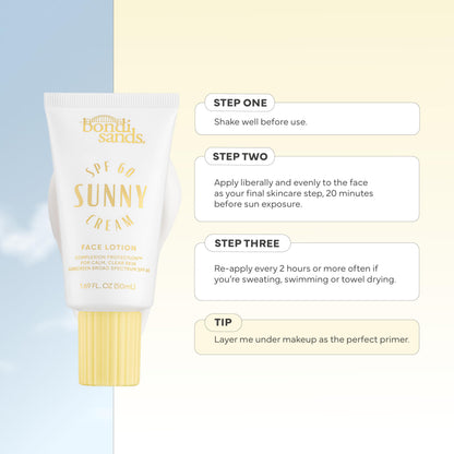 Bondi Sands Sunny Cream SPF 60 Face Lotion, Hydrating + Nourishing Broad Spectrum Daily Sunscreen, Dermatologist-Approved, Oil-Free, 1.69 Fl Oz