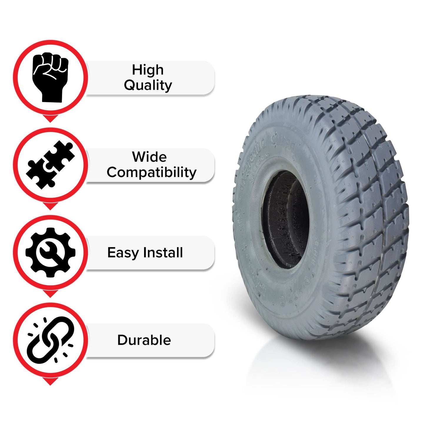 AlveyTech 3.00-4 (10"x3", 260X85) Foam-Filled Mobility Tire with Durotrap C9210 Tread (2-5/8" Bead Width) - Replacement Scooter Flat-Free Tires for Electric Scooters, Non-Marking Gray (TIRSOLI1020)