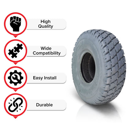 AlveyTech 3.00-4 (10"x3", 260X85) Foam-Filled Mobility Tire with Durotrap C9210 Tread (2-5/8" Bead Width) - Replacement Scooter Flat-Free Tires for Electric Scooters, Non-Marking Gray (TIRSOLI1020)