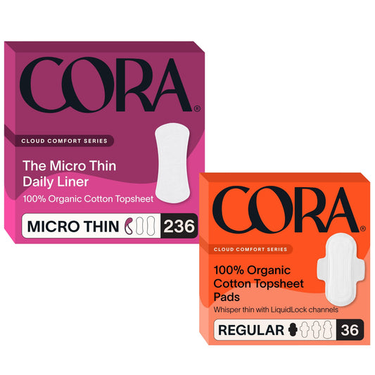 Cora Organic Cotton Feminine Care Bundle | 236 Micro Thin Daily Panty Liners and 36 Ultra Thin Regular Absorbency Period Pads with Wings | Unscented