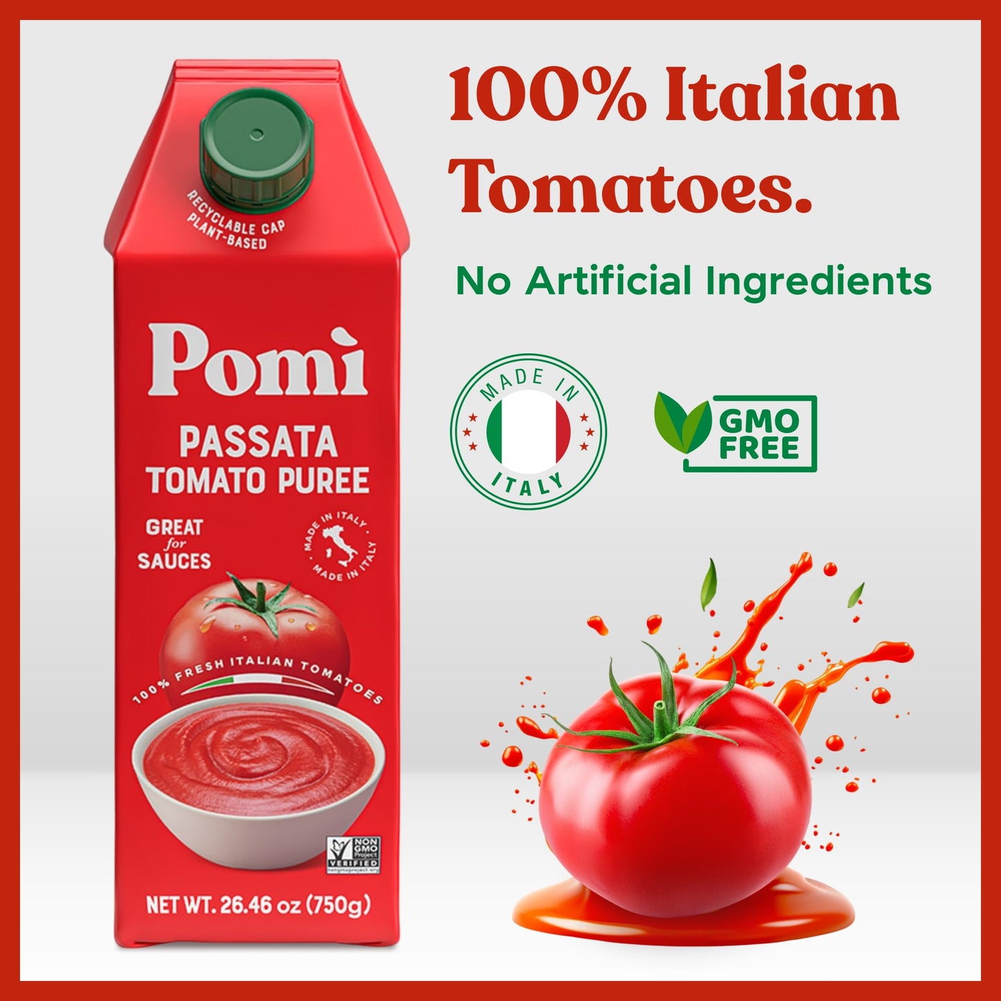 Pomì Tomato Passata 26.46oz (Pack of 6) - Made in Italy - Creamy, Velvety Tomato Puree with Touch of Salt, No Additives or Preservatives - 100% Fresh Italian Tomatoes - BPA-Free, Gluten-Free