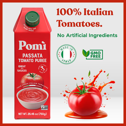 Pomì Tomato Passata 26.46oz (Pack of 6) - Made in Italy - Creamy, Velvety Tomato Puree with Touch of Salt, No Additives or Preservatives - 100% Fresh Italian Tomatoes - BPA-Free, Gluten-Free