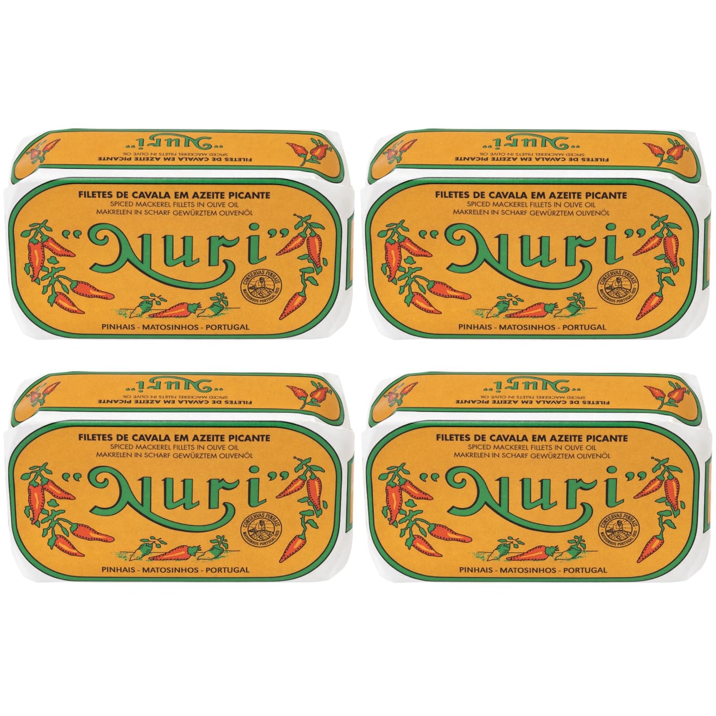 Nuri Mackerel Fillets Spiced in Olive Oil | 4 Pack | Product of Portugal | Premium Wild Caught, Hand Selected and Packaged | 100% Natural | Gourmet fish in 4.4 oz can (125 Gram)